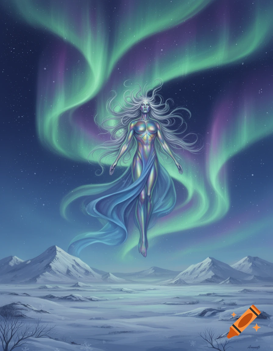 Ethereal female figure with long white hair floating above a snowy mountain landscape under a vibrant green and purple aurora borealis.