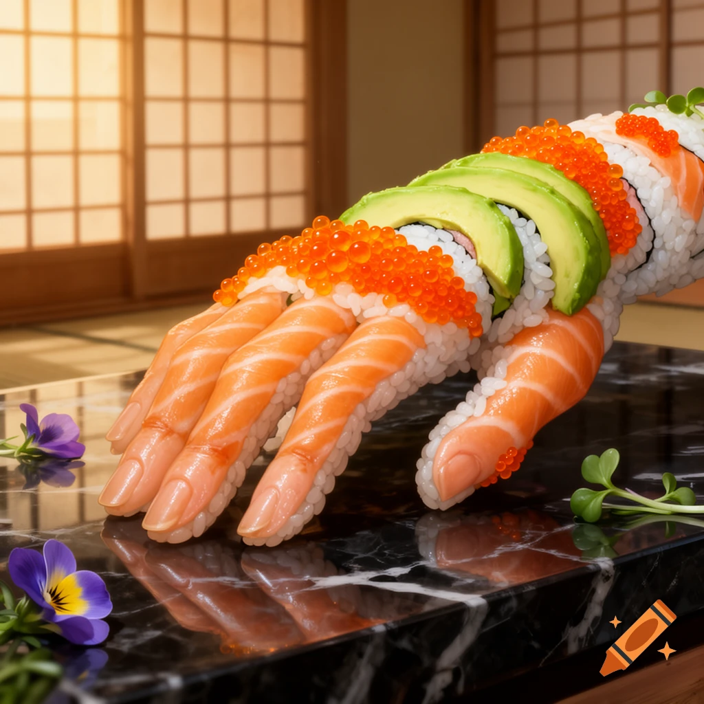 Photorealistic sushi hand with salmon, rice, avocado, and roe on a marble table in a Japanese setting.