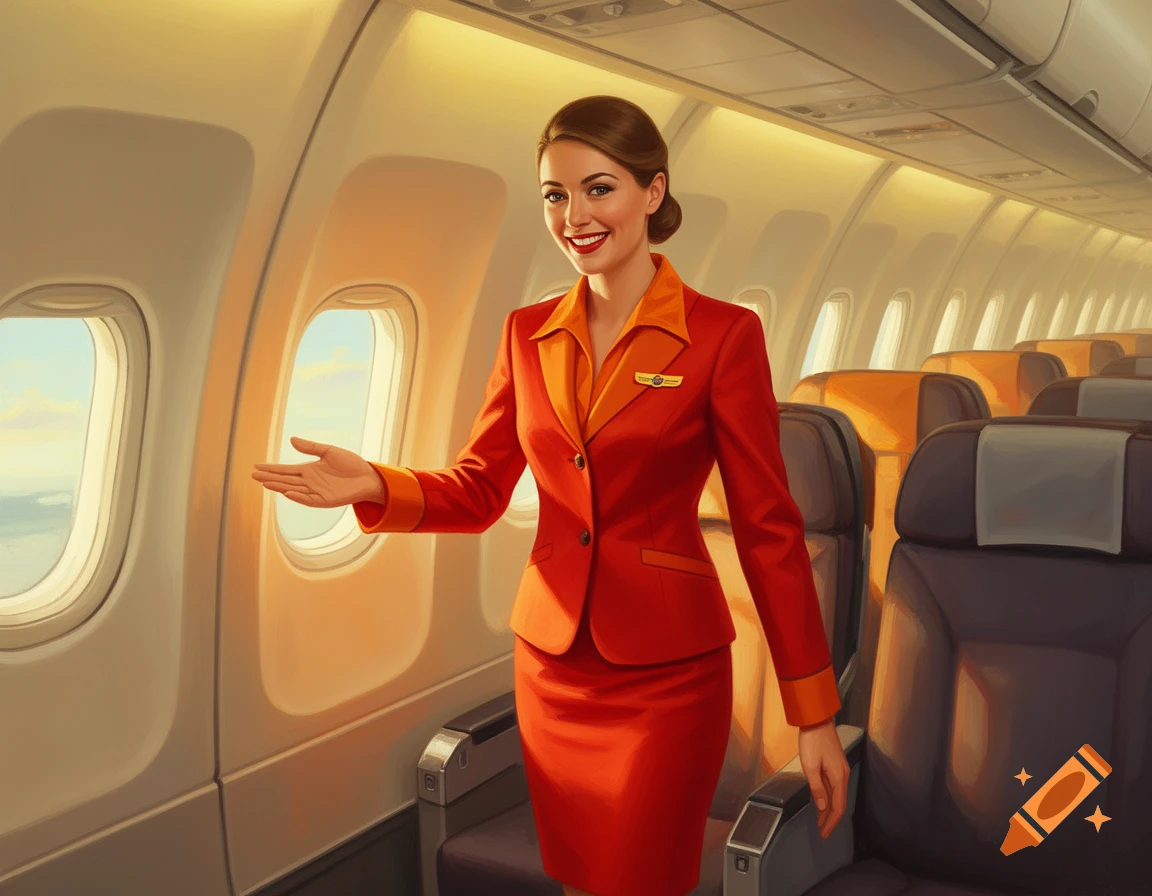 A smiling stewardess in a red and orange uniform welcomes passengers inside an airplane cabin with open arms, standing by windows and empty seats.