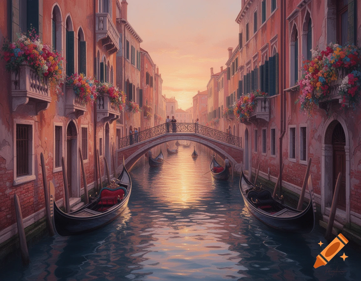 Venice canal at sunset with gondolas, ornate buildings, a bridge, and distant figures, in a painterly style.
