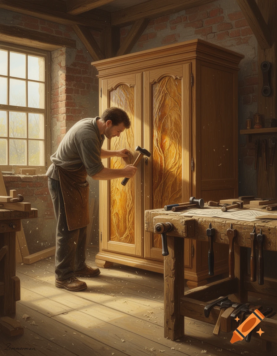 A carpenter in an apron works on a wooden cabinet with ornate textured panels in a sunlit workshop, tools on a workbench.