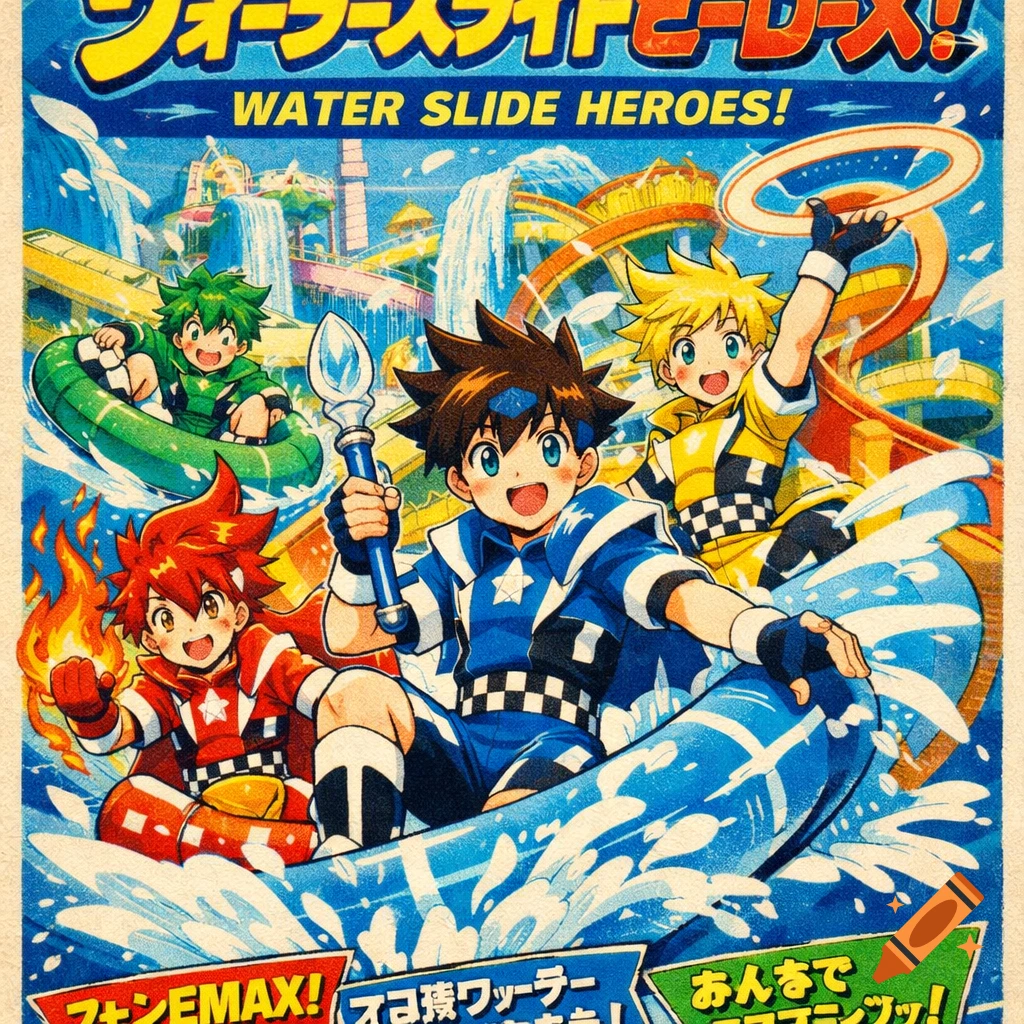 Colorful anime poster for "WATER SLIDE HEROES!" featuring four boys in a water park, riding on inflatable rafts and tubes. It has a vintage art style with coarse grain.