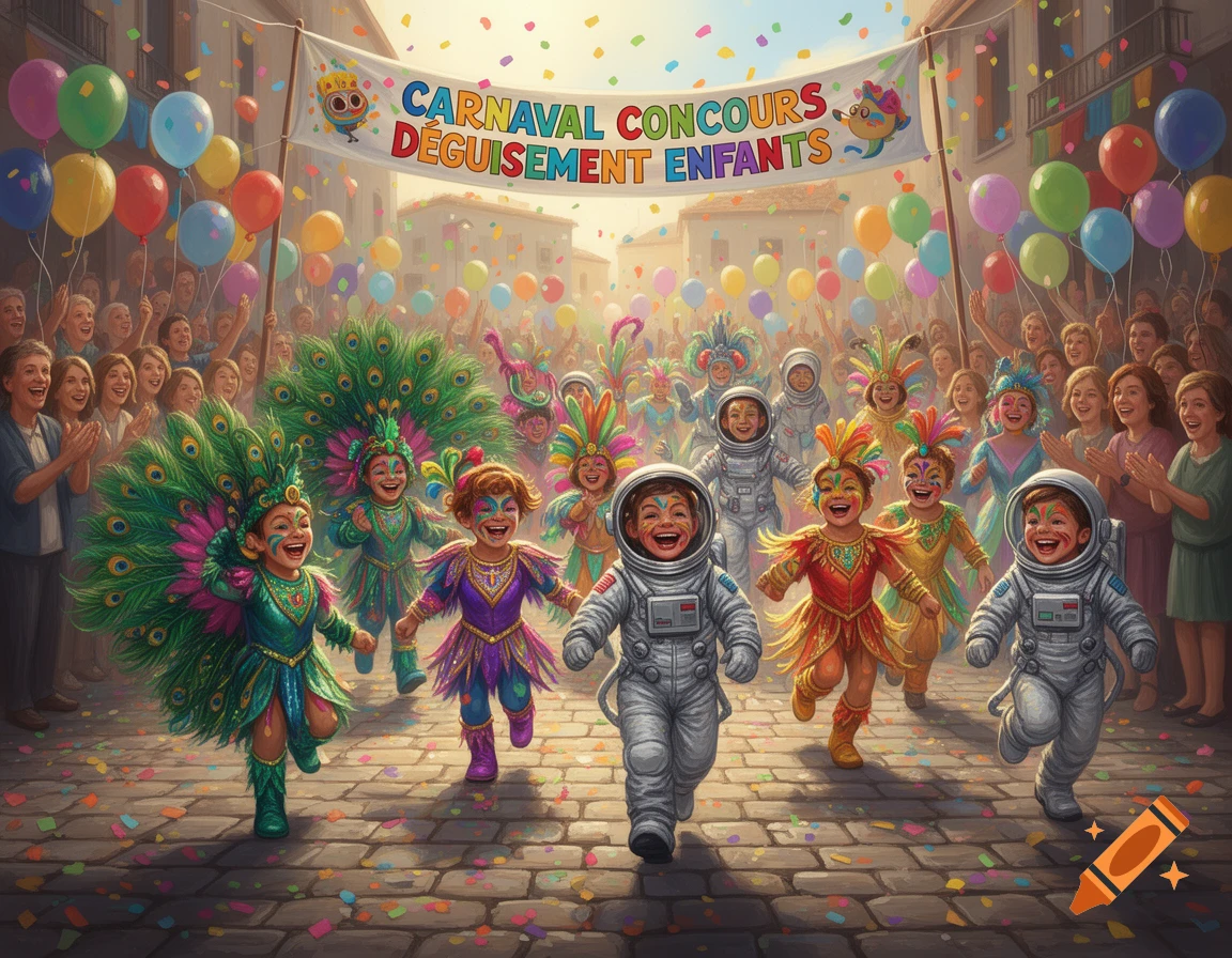 Children in peacock and astronaut costumes run through a festive carnival parade, surrounded by cheering crowds, balloons, and confetti.