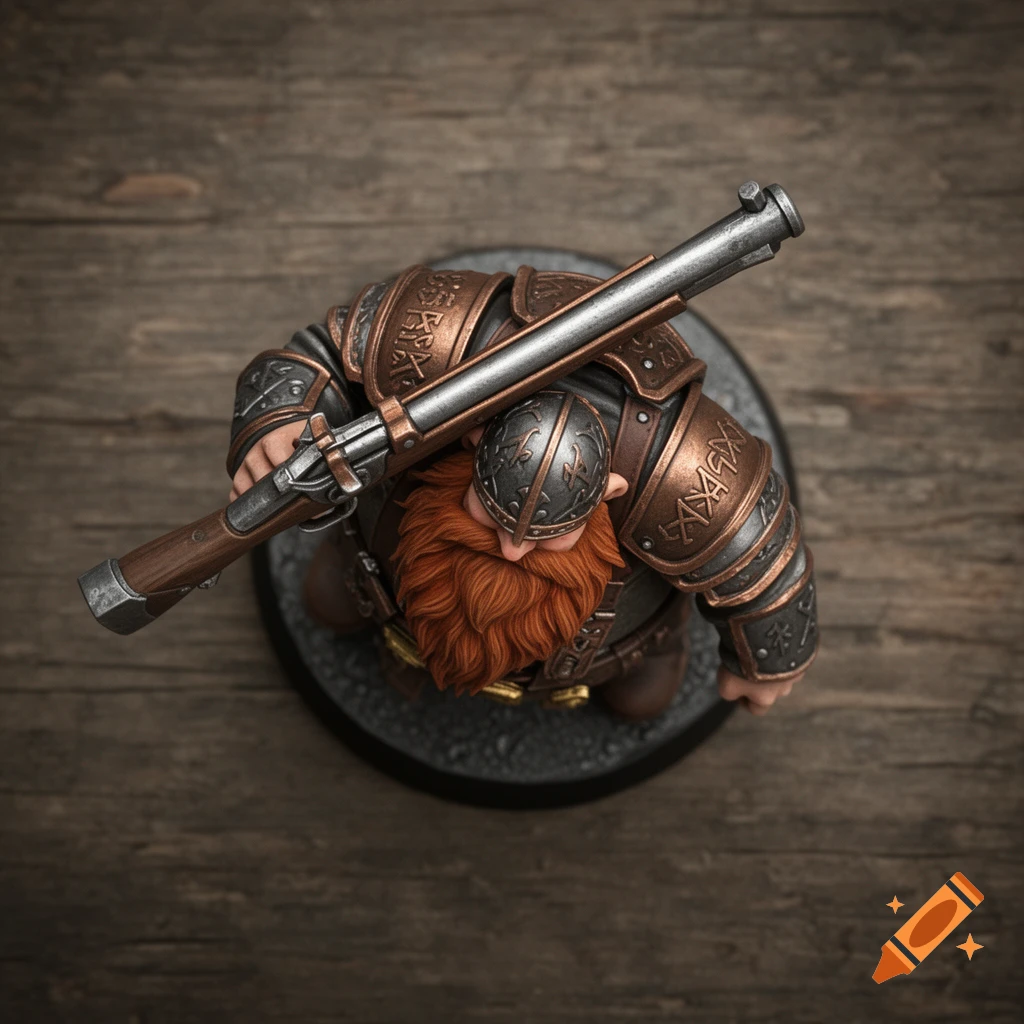 A detailed top-down view of a fantasy dwarf miniature, heavily armored with a red beard, holding a musket.
