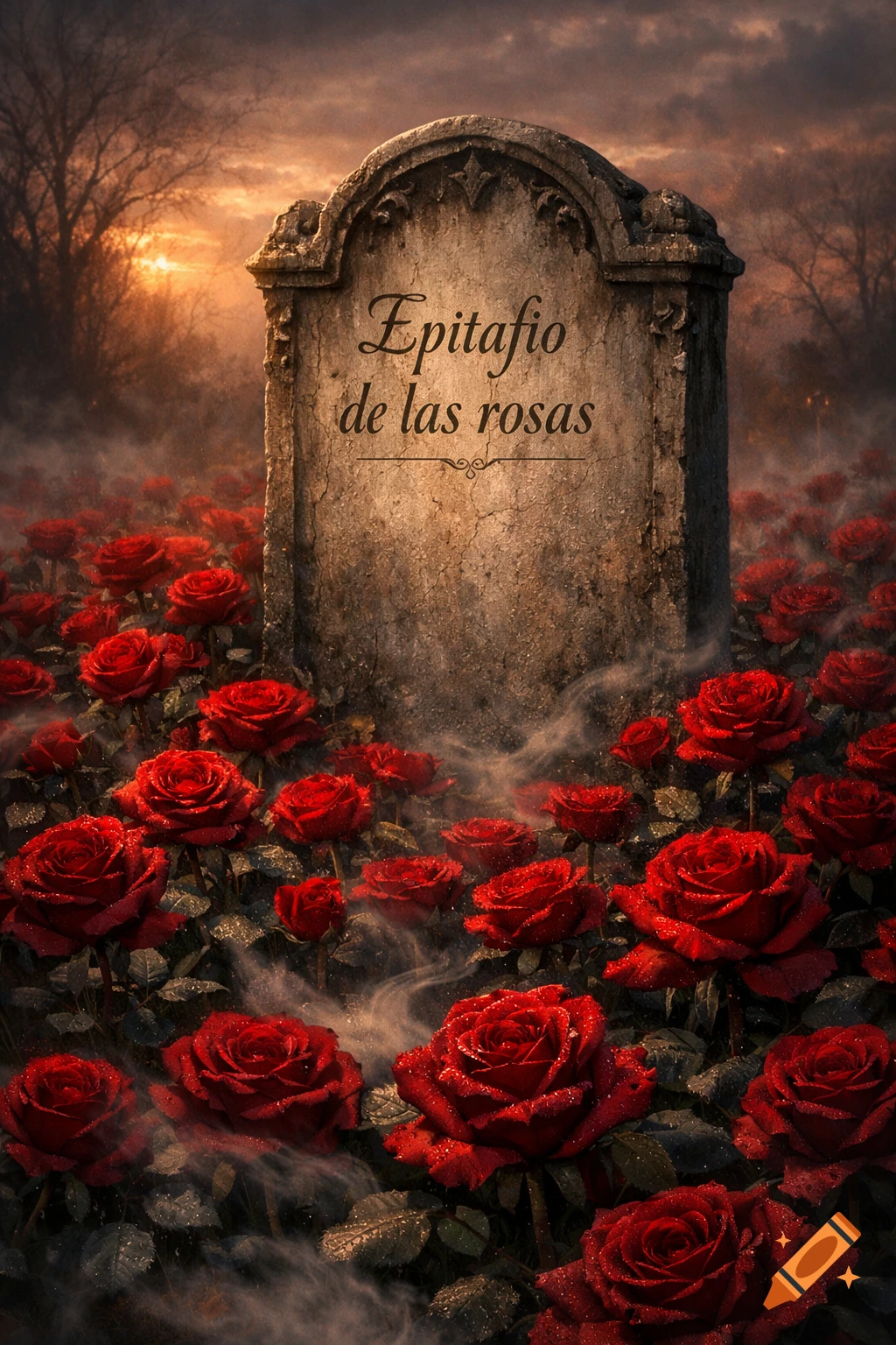 A photorealistic image of a weathered tombstone with 'Epitafio de las rosas' surrounded by vibrant red roses and mist at sunset in a cemetery.
