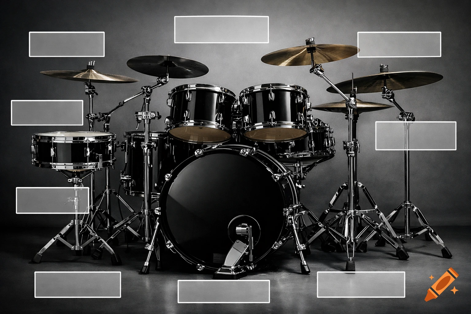 A black drum set with cymbals on a dark grey background, surrounded by empty rectangular text boxes for labeling parts.