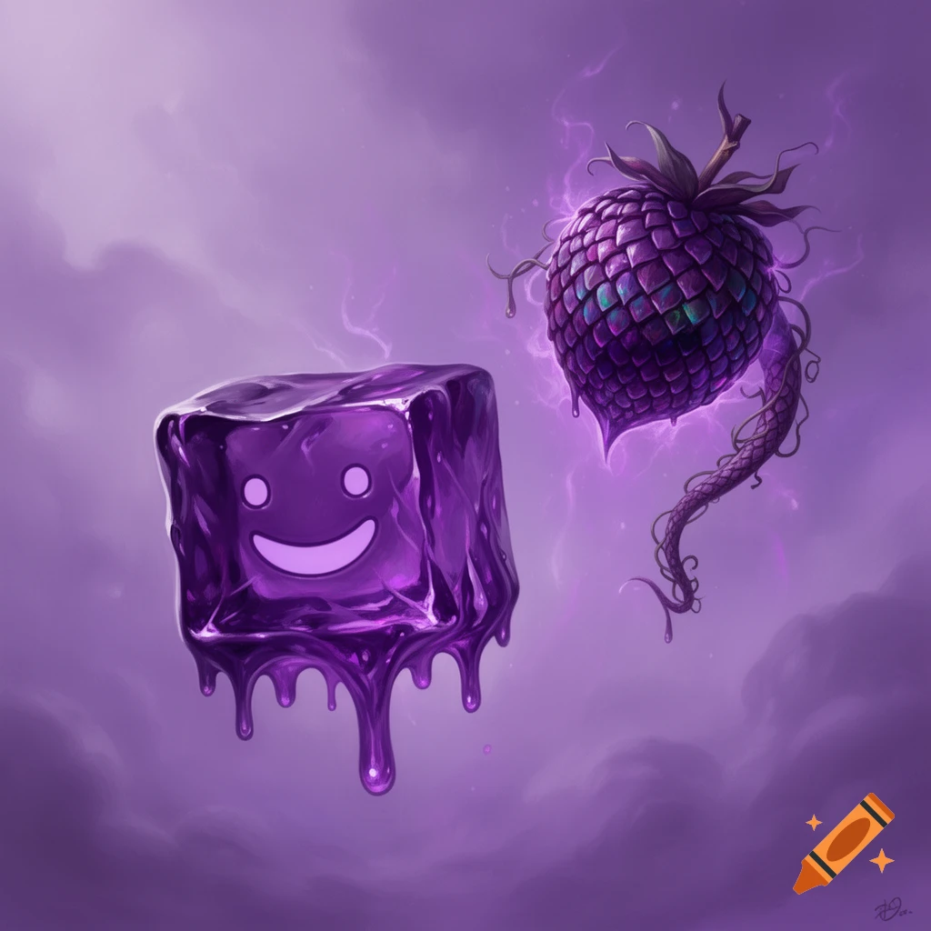 A shiny, melting purple cube with a smiley face floats next to a spiky, glowing purple dragon fruit, all against a purple sky.