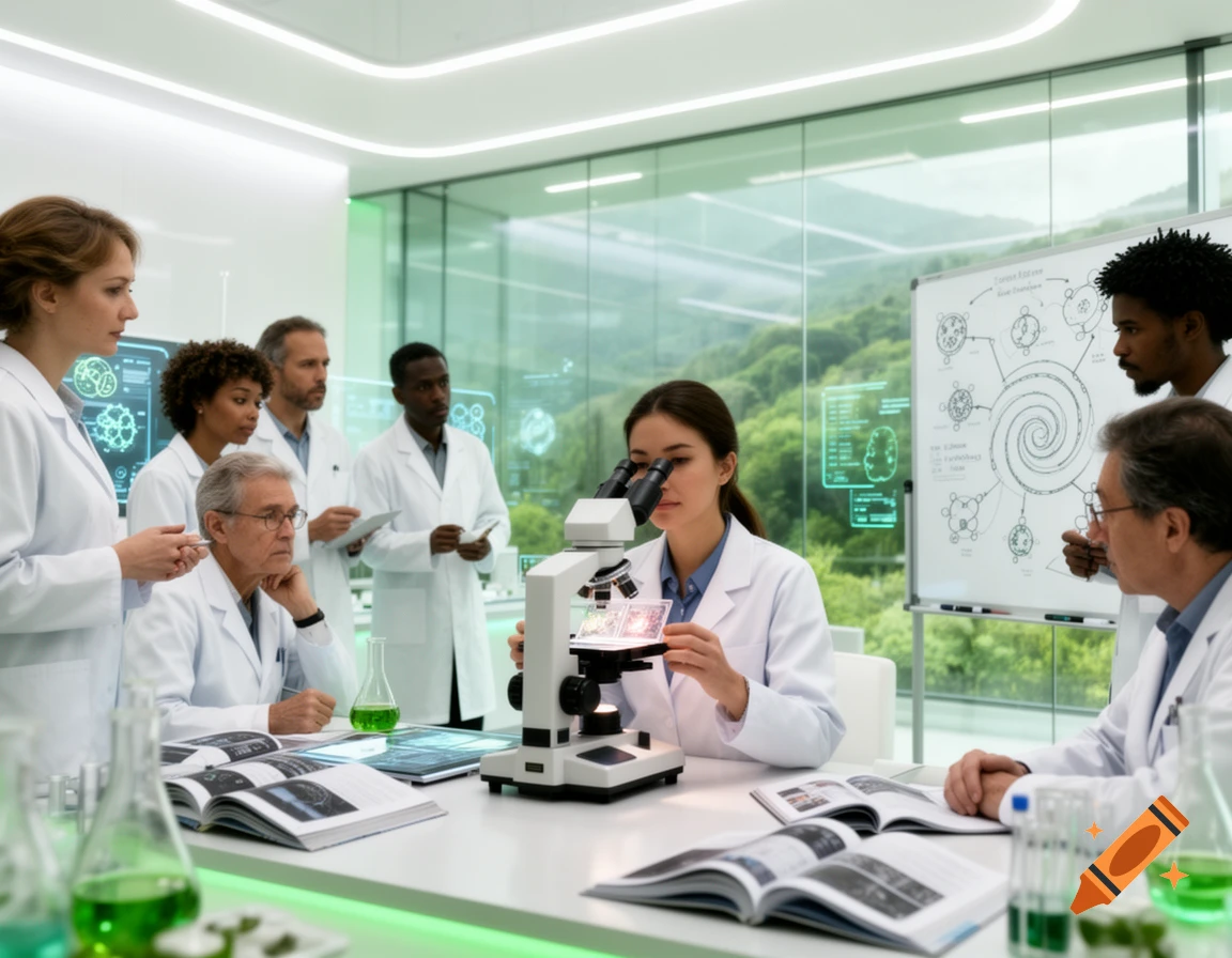 A diverse group of scientists in white lab coats work in a modern, bright laboratory. One woman looks into a microscope while others discuss near a whiteboard with diagrams and digital screens showing data. Beakers with green liquid are on the table.