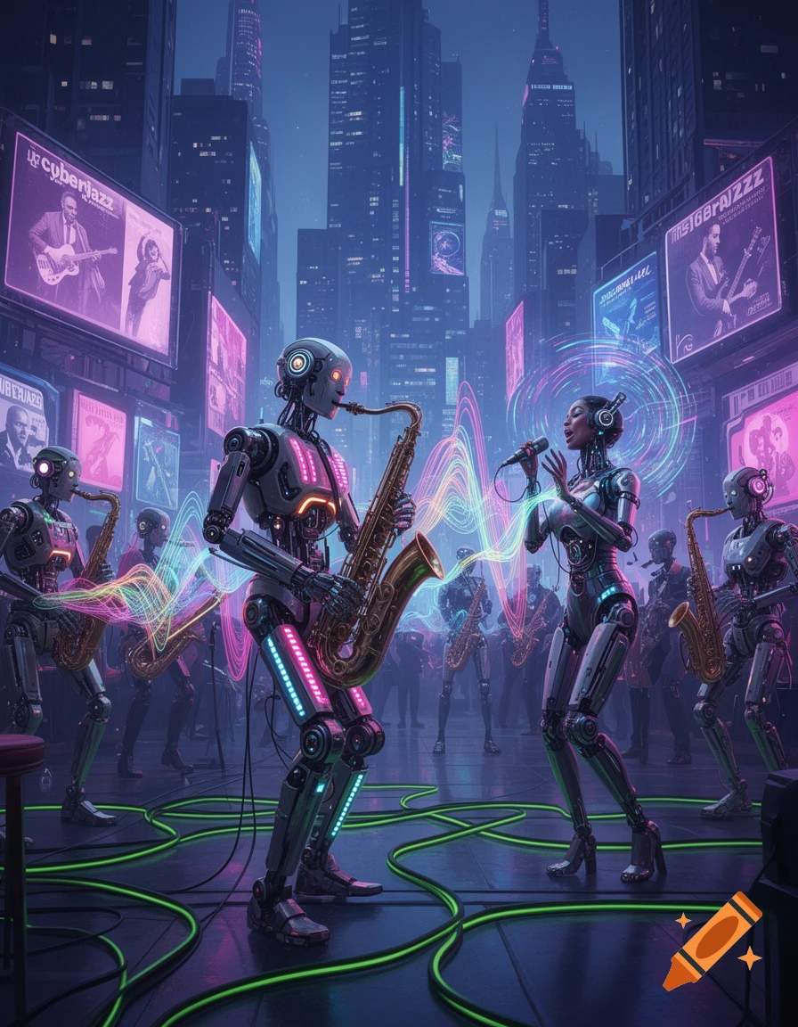 Robots Play Instruments Robots play instruments like saxophones and sing on a stage in a ...