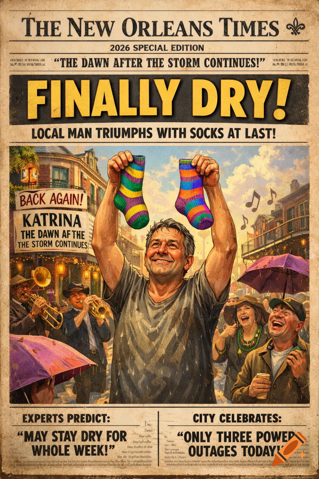 A vintage-style newspaper from "The New Orleans Times" celebrating a man who has finally dried his socks in 2026 after Hurricane Katrina, featuring a smiling man holding up colorful socks amidst a festive street scene with musicians and happy onlookers.