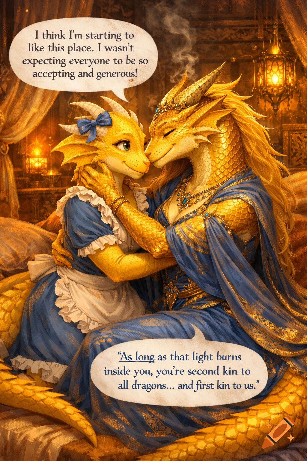 Two golden dragons embrace in an ornate, warmly lit temple bedroom, with speech bubbles.