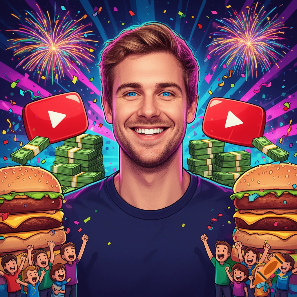A vibrant cartoon illustration of a smiling man, resembling MrBeast, surrounded by fireworks, YouTube logos, money, hamburgers, and cheering children.