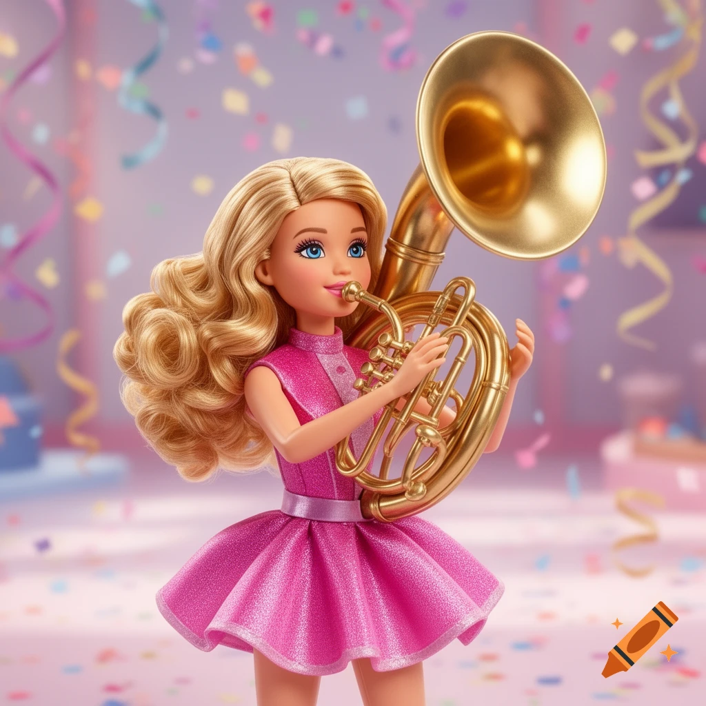 A Barbie doll with blonde hair in a pink sparkly dress plays a golden sousaphone amidst confetti and streamers, 3D rendered.
