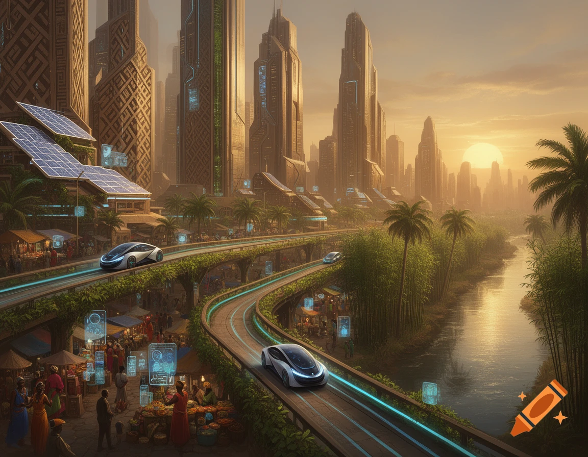 A vibrant futuristic African city at sunset, with sleek self-driving ...