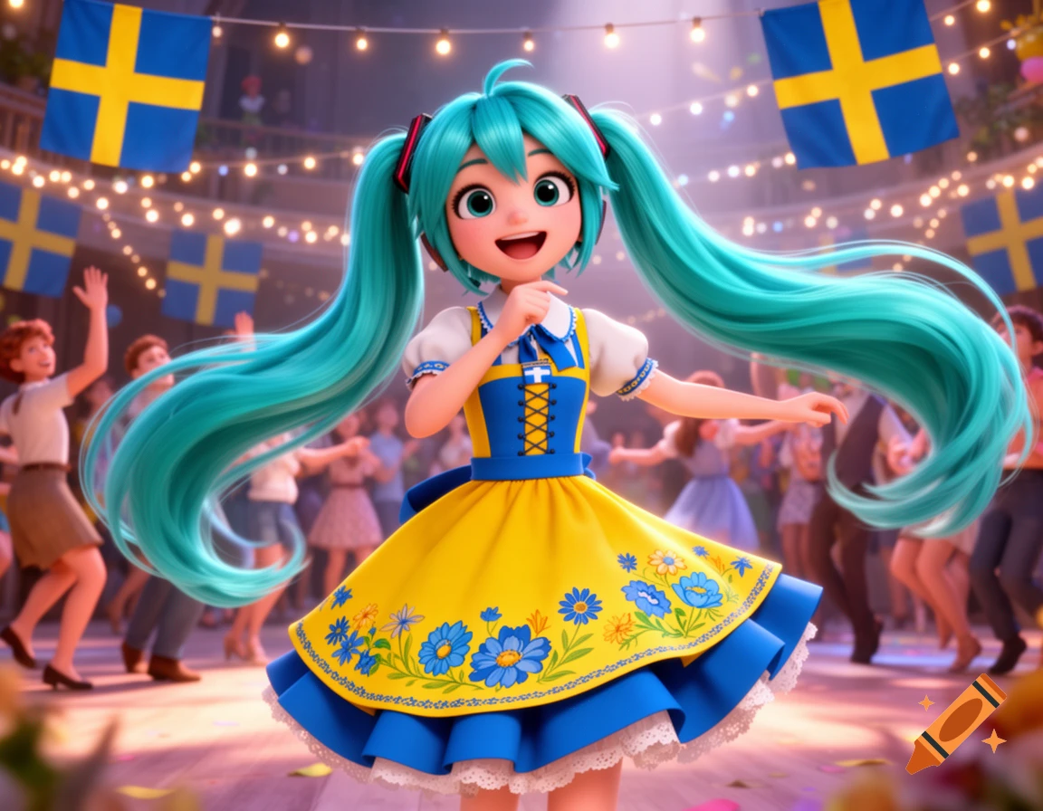 Hatsune Miku in a blue and yellow Swedish-themed dress, dancing happily at a lively party with Swedish flags, in Disney Pixar style.