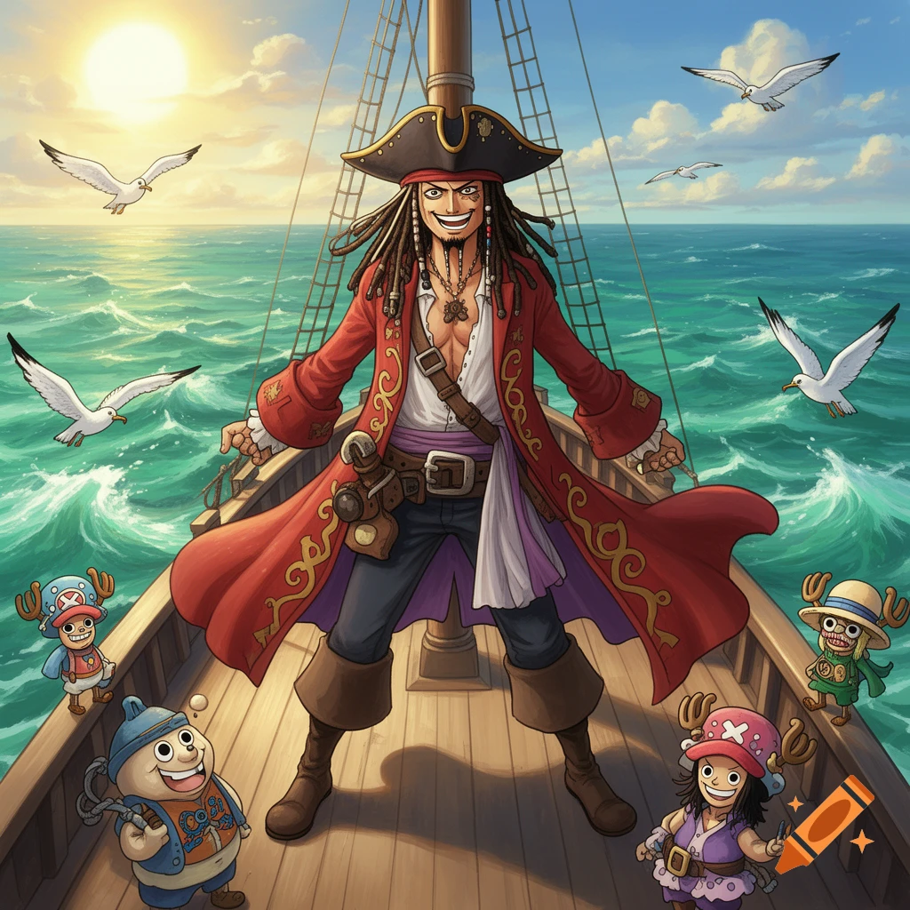 A pirate resembling Captain Jack Sparrow stands on a ship deck with small anime characters and seagulls on a sunny ocean, in One Piece style.