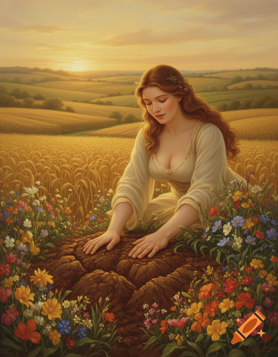 A woman with long wavy hair, in a white dress, kneels in a field of ...