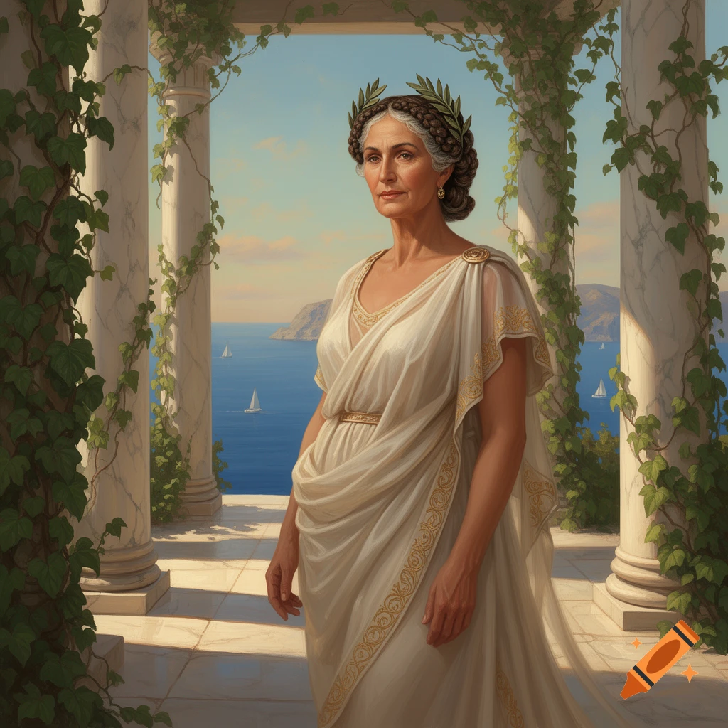 A middle-aged ancient Greek woman in white robes and a laurel wreath stands on a columned balcony overlooking a seascape.