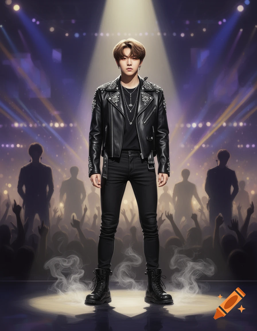 A male K-pop idol in a black leather jacket stands under a spotlight on stage, with a silhouetted crowd and lights.
