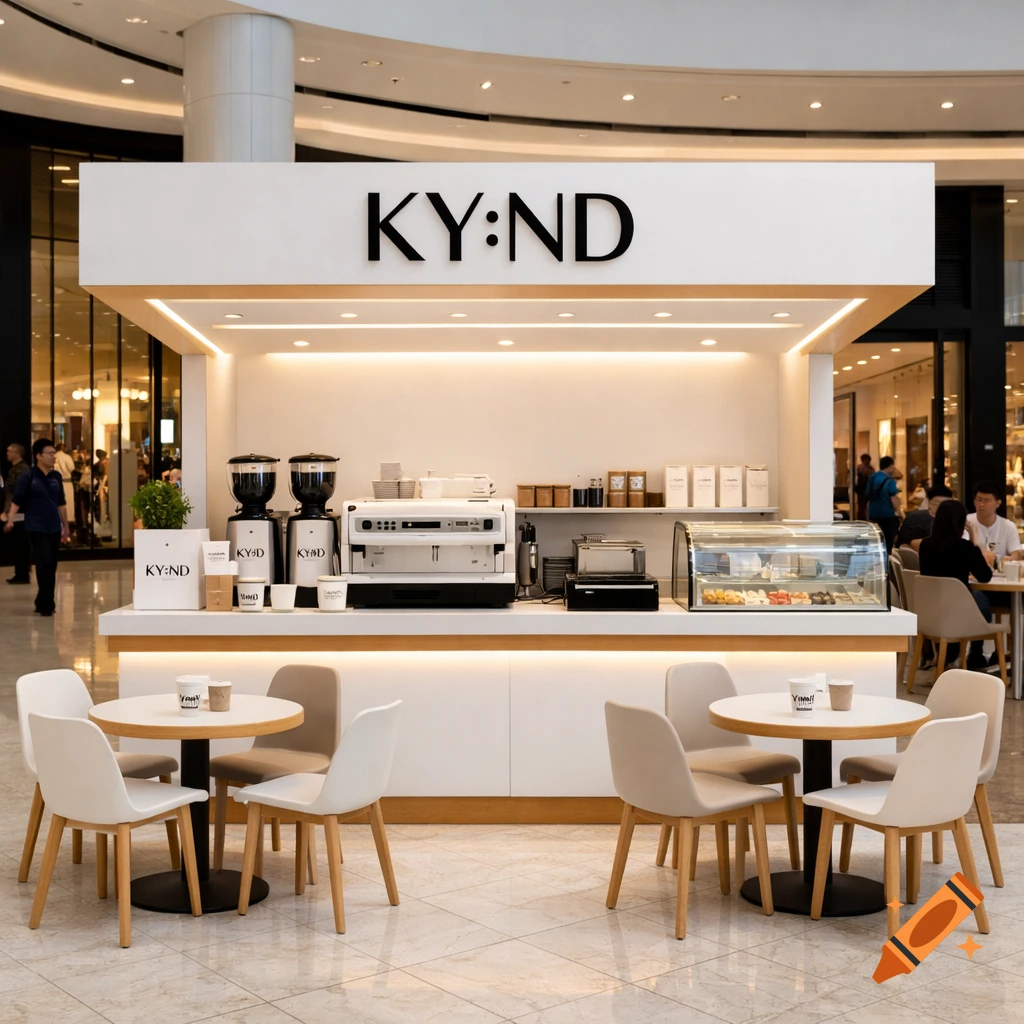 A modern white coffee kiosk named KY:ND inside a brightly lit mall, with an espresso machine and display case, and round tables with chairs.