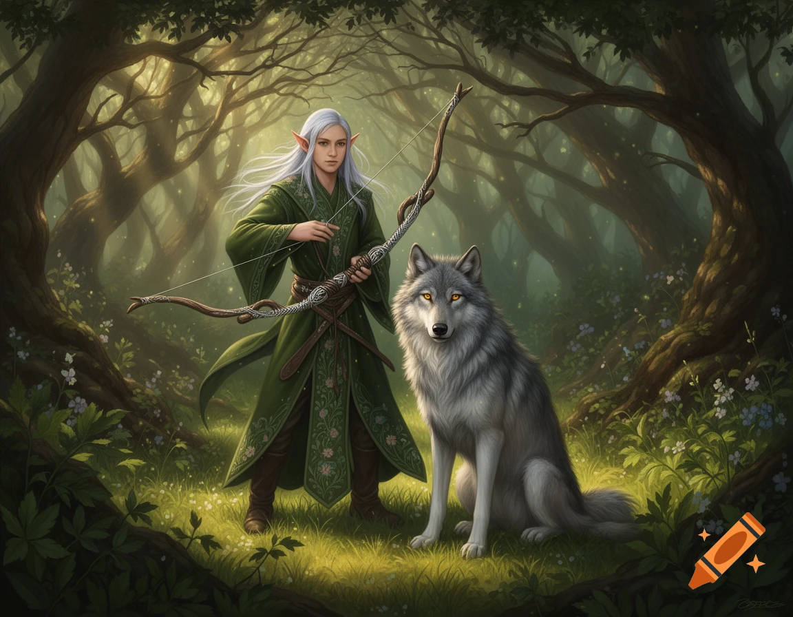 A young elf with long white hair and a green tunic holds a bow next to a grey wolf in a magical, sun-dappled forest.
