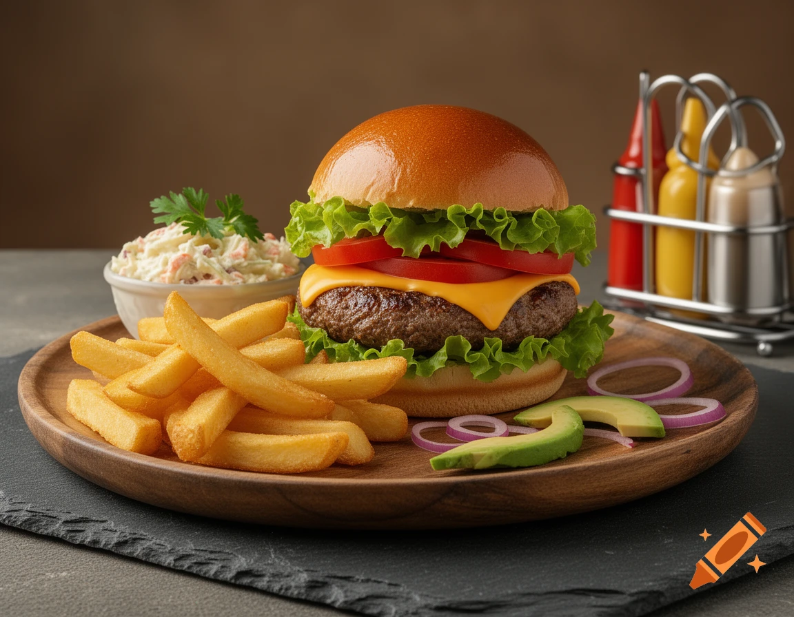 A cheeseburger with lettuce, tomato, and cheese, served with a side of golden fries, coleslaw, onion rings, and avocado slices on a wooden plate, with condiment bottles in the background.