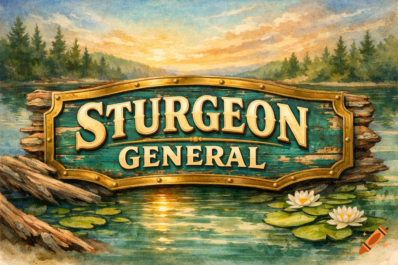 Watercolor painting of a wooden sign reading "STURGEON GENERAL" floating on water with lily pads, framed by a forest and sunset sky.