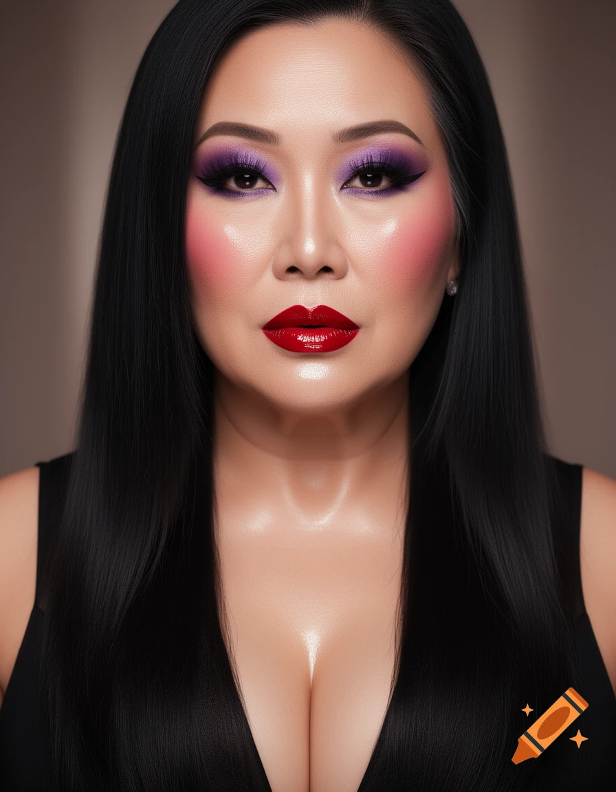 A close-up portrait of an Asian woman with long black hair, heavy purple eyeshadow, bright red lipstick, and prominent blush, wearing a low-cut black top.