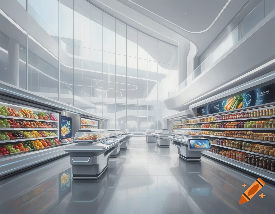A clean, brightly lit, futuristic supermarket aisle with shelves of produce, packaged goods, and reflective floors.