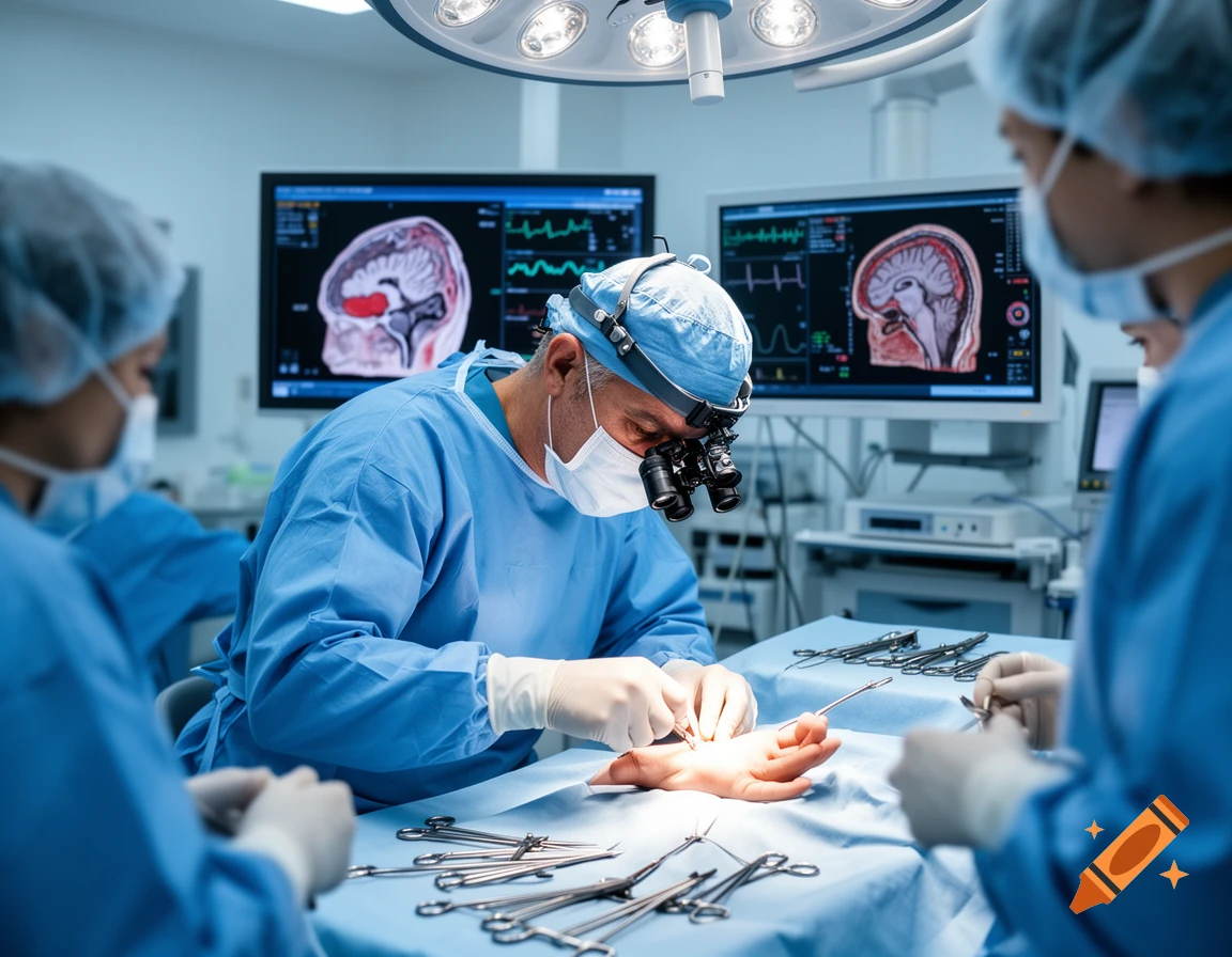 Medical team performing surgery on a patient's hand in an operating room, with monitors showing brain scans.