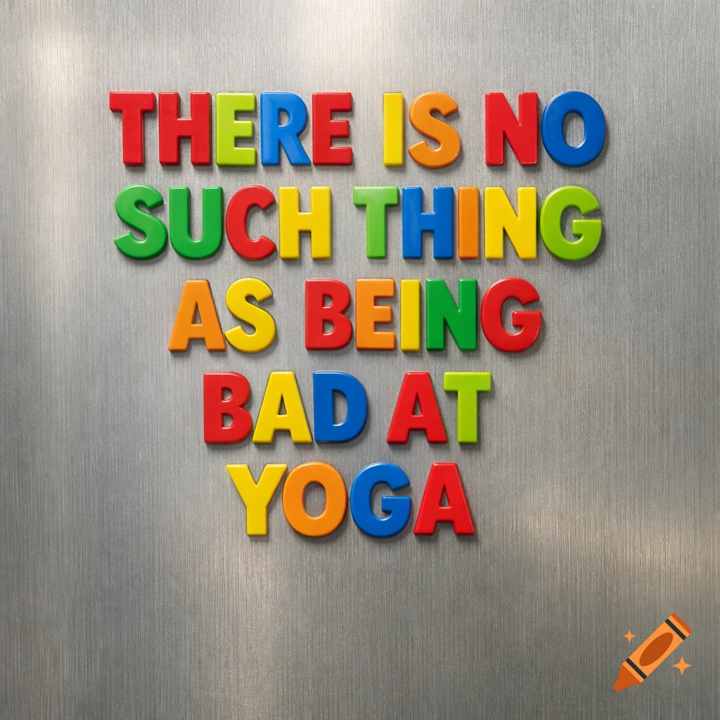 Colorful fridge magnets spelling "THERE IS NO SUCH THING AS BEING BAD AT YOGA" on a metallic background.