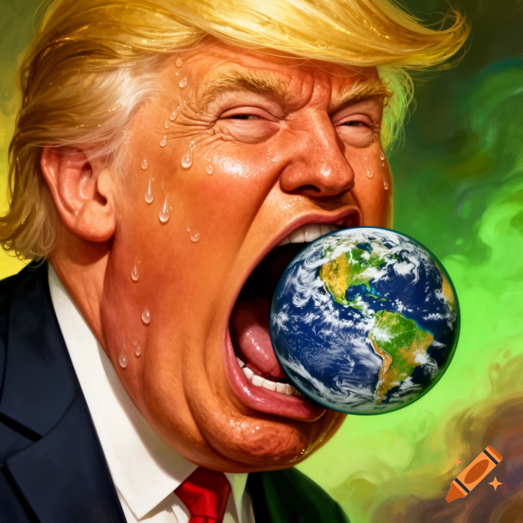Exaggerated illustration of Donald Trump, sweaty and gluttonous, with a huge open mouth about to eat the planet Earth.