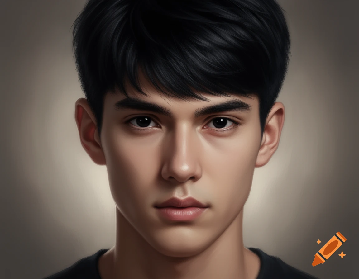 Photorealistic portrait of a young man with short black hair and dark eyes looking directly forward.