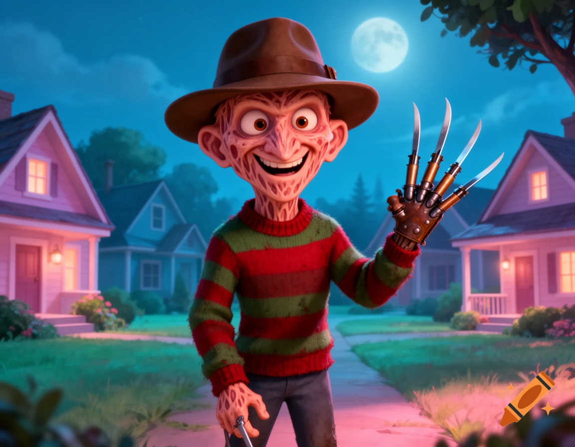 Cartoonish Freddy Krueger in a striped sweater and fedora, smiling while holding a bladed glove in a suburban neighborhood at night under a full moon.