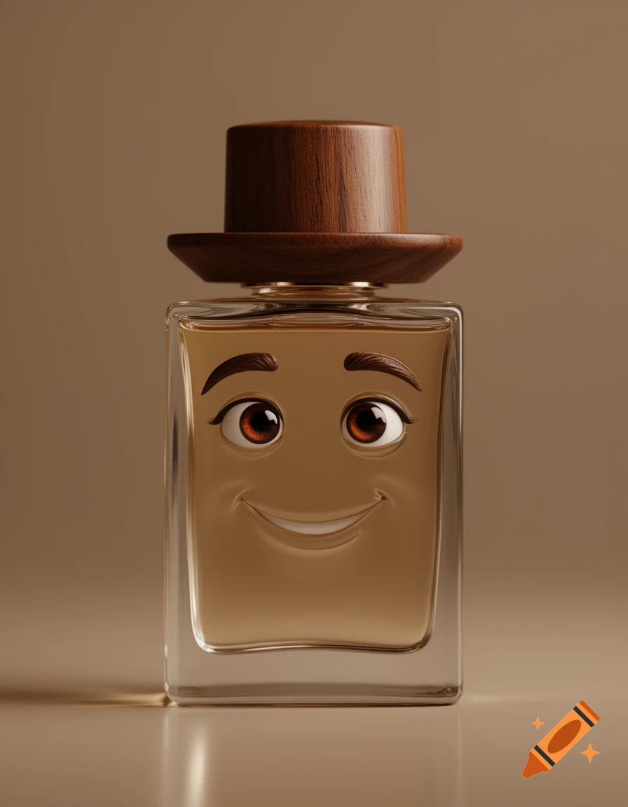 A perfume bottle with a brown wooden cap, featuring cartoon eyes, eyebrows, and a smiling mouth on its surface.
