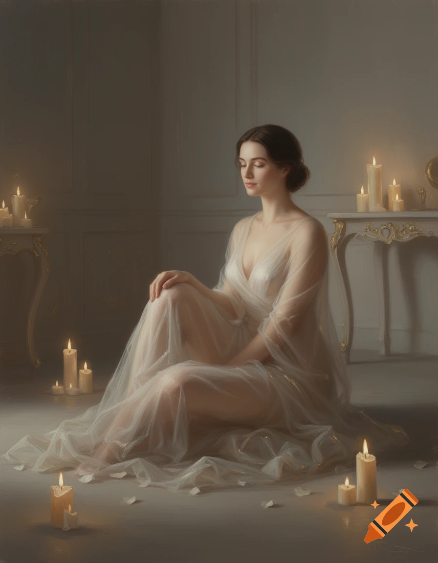 A woman in a sheer white dress sits on the floor amidst burning candles in a dimly lit room, rendered in a soft, painterly style.