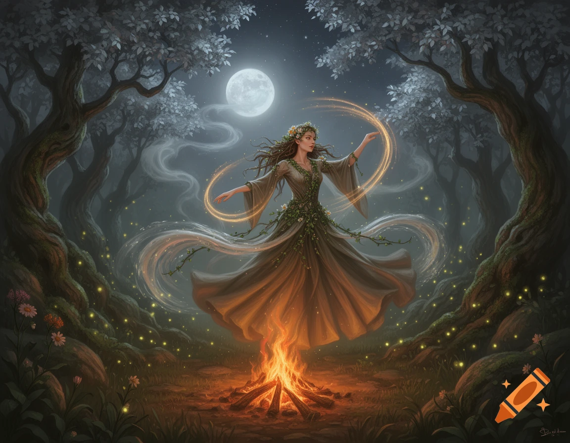 A druid woman in a green dress dances around a bonfire in an enchanted forest under a full moon, surrounded by glowing magic.