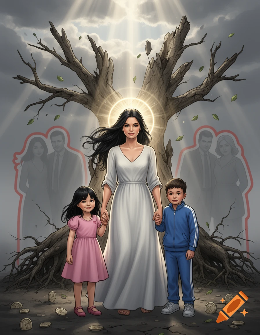 A mother and her two children stand before a barren tree, surrounded by rays of light and faint silhouettes, in a symbolic illustration.