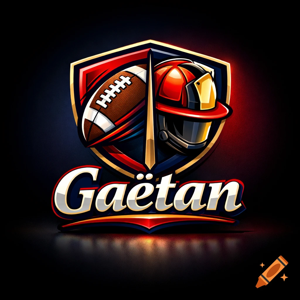 A stylized logo featuring a football and a firefighter helmet within a shield, with the name 'Gaëtan' below it.