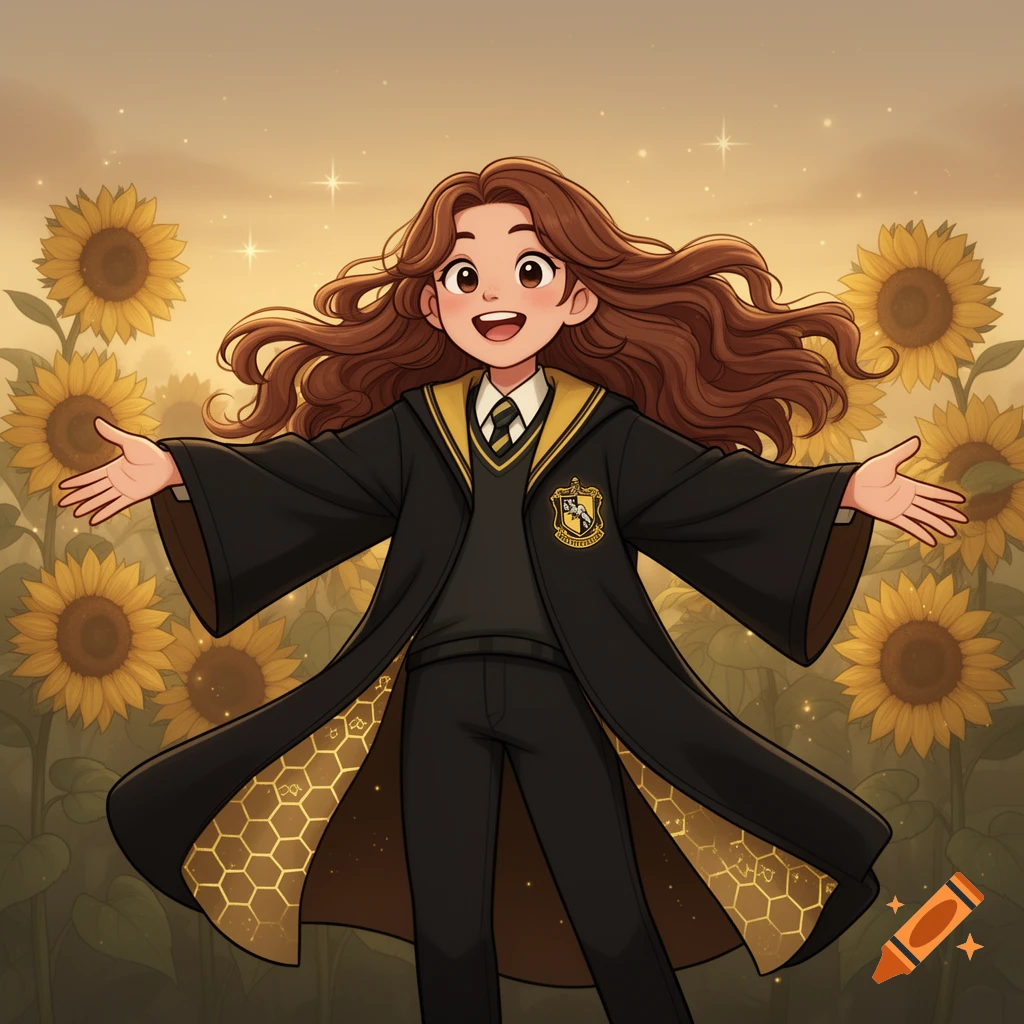 Cartoon girl in Hufflepuff robe with arms outstretched in a field of sunflowers.