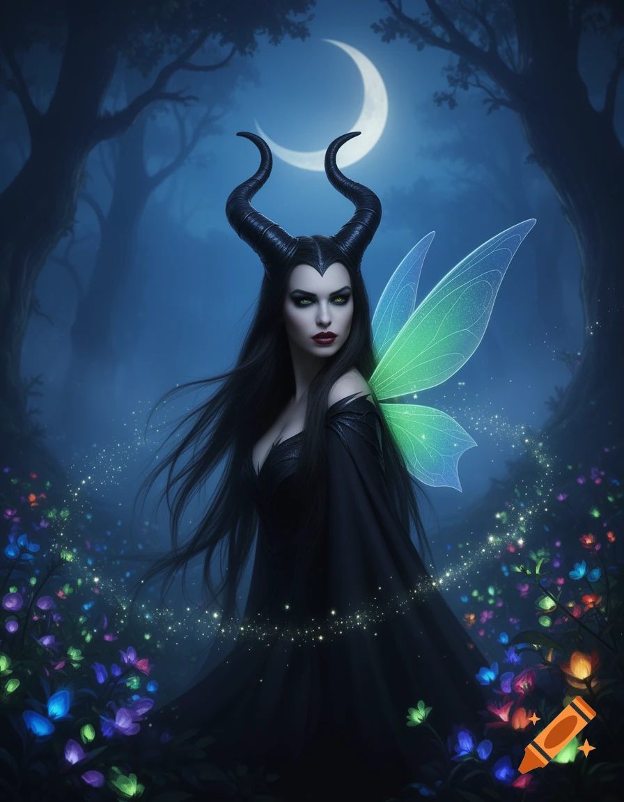 A dark-haired woman with horns and glowing green-blue wings stands in a magical moonlit forest surrounded by sparkling, colorful flowers.