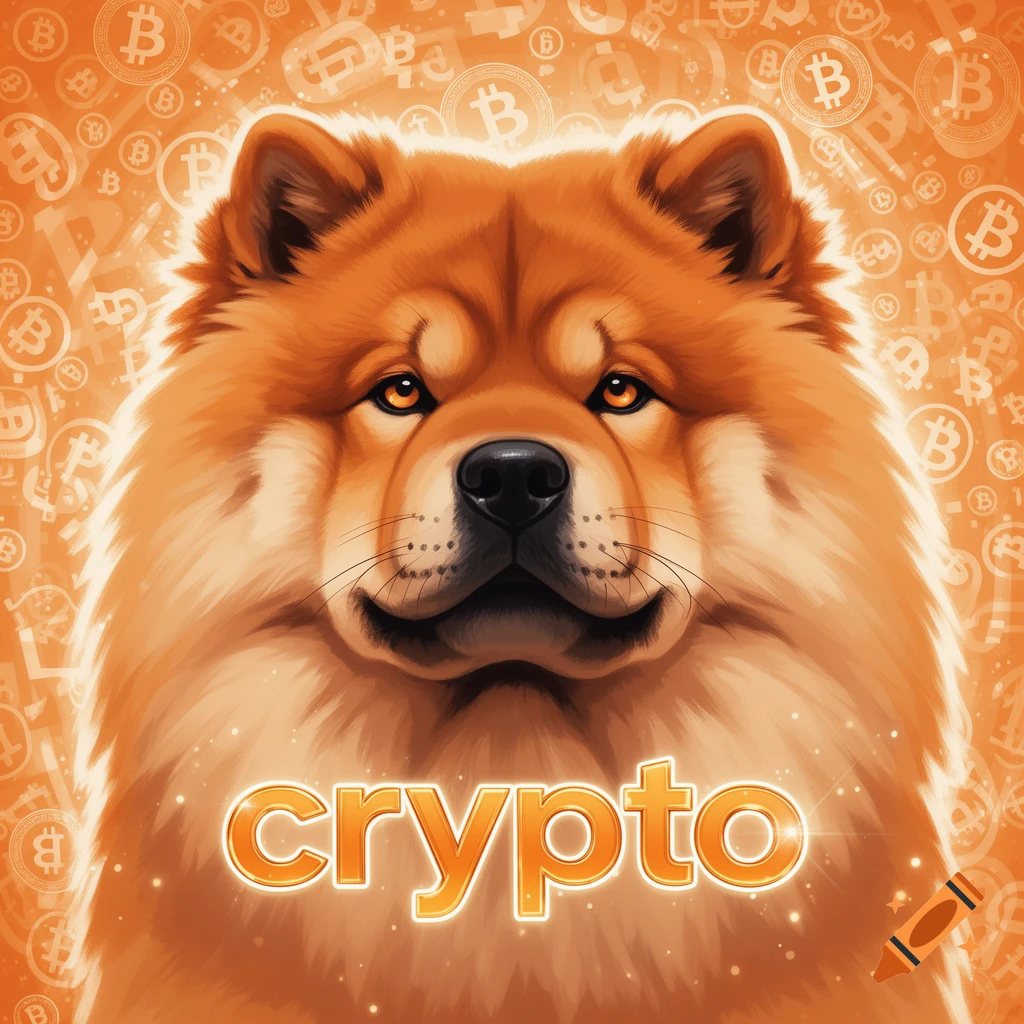 A cartoonish orange Chow Chow dog with glowing eyes, against an orange background with Bitcoin symbols and the word 'crypto' below its face.