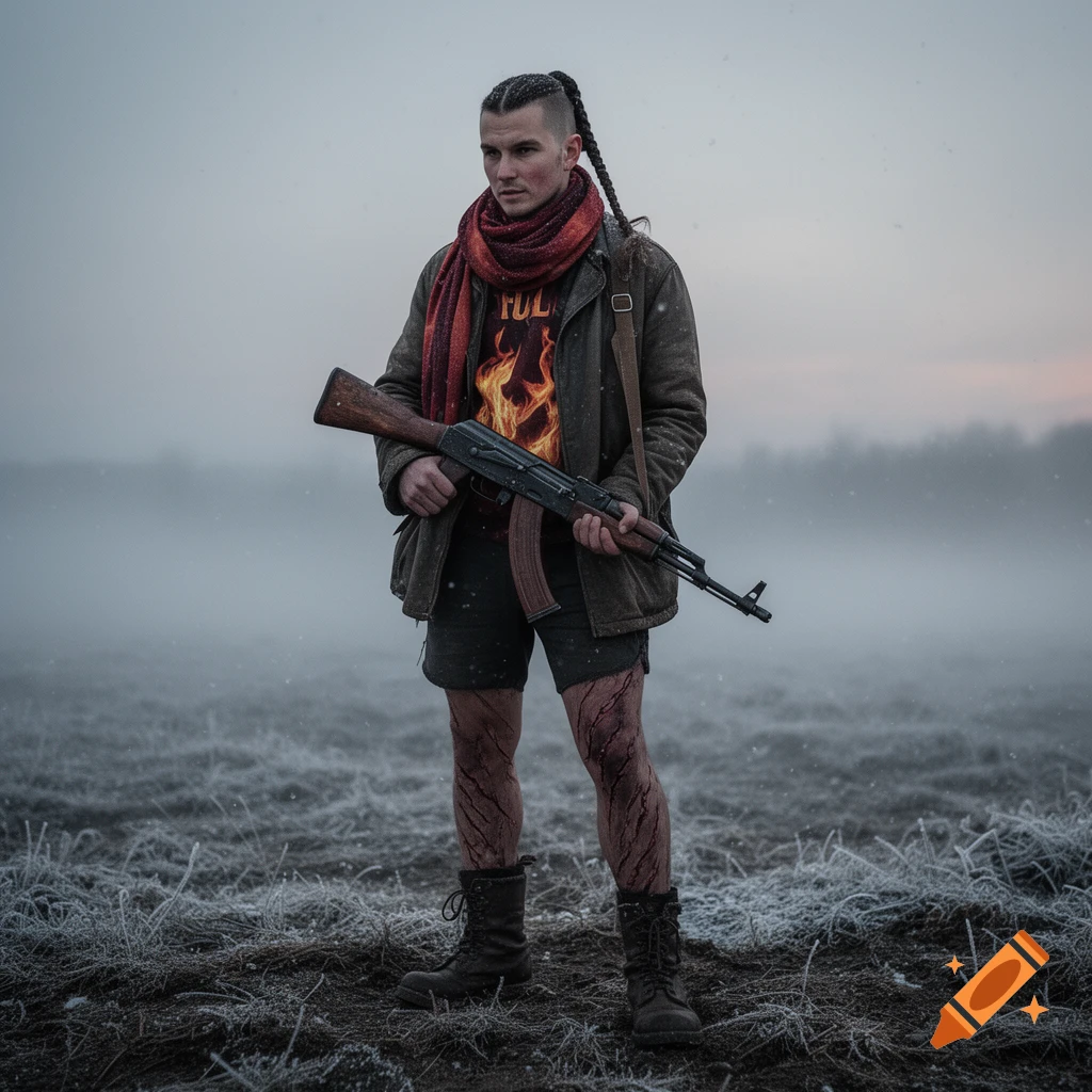 A man with a braided ponytail, wearing a jacket, shorts, and boots, holds a rifle in a frosty field. He has red scars on his legs.