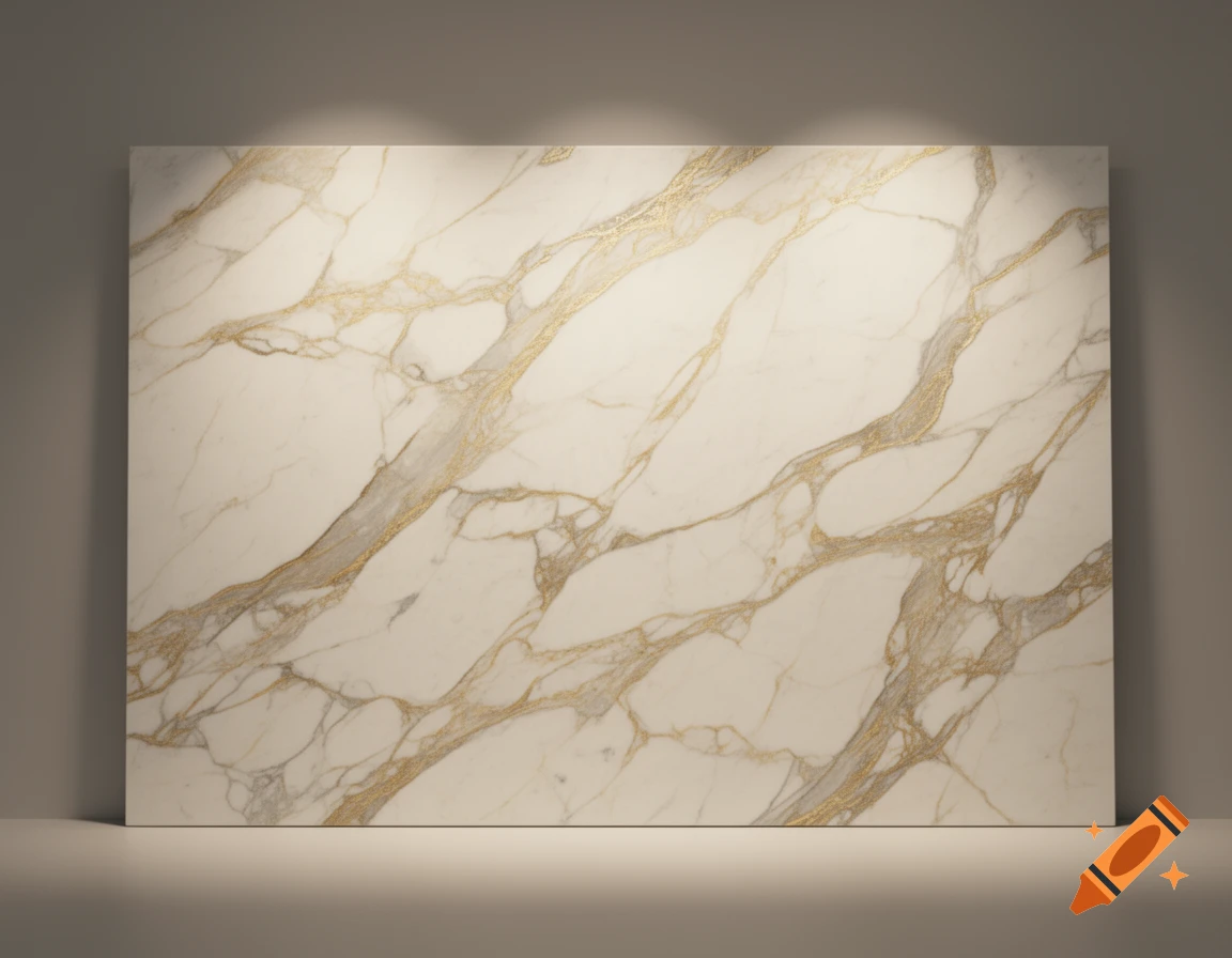 A rectangular slab of white Calacatta marble with striking golden and grey veins, spotlighted against a grey wall.