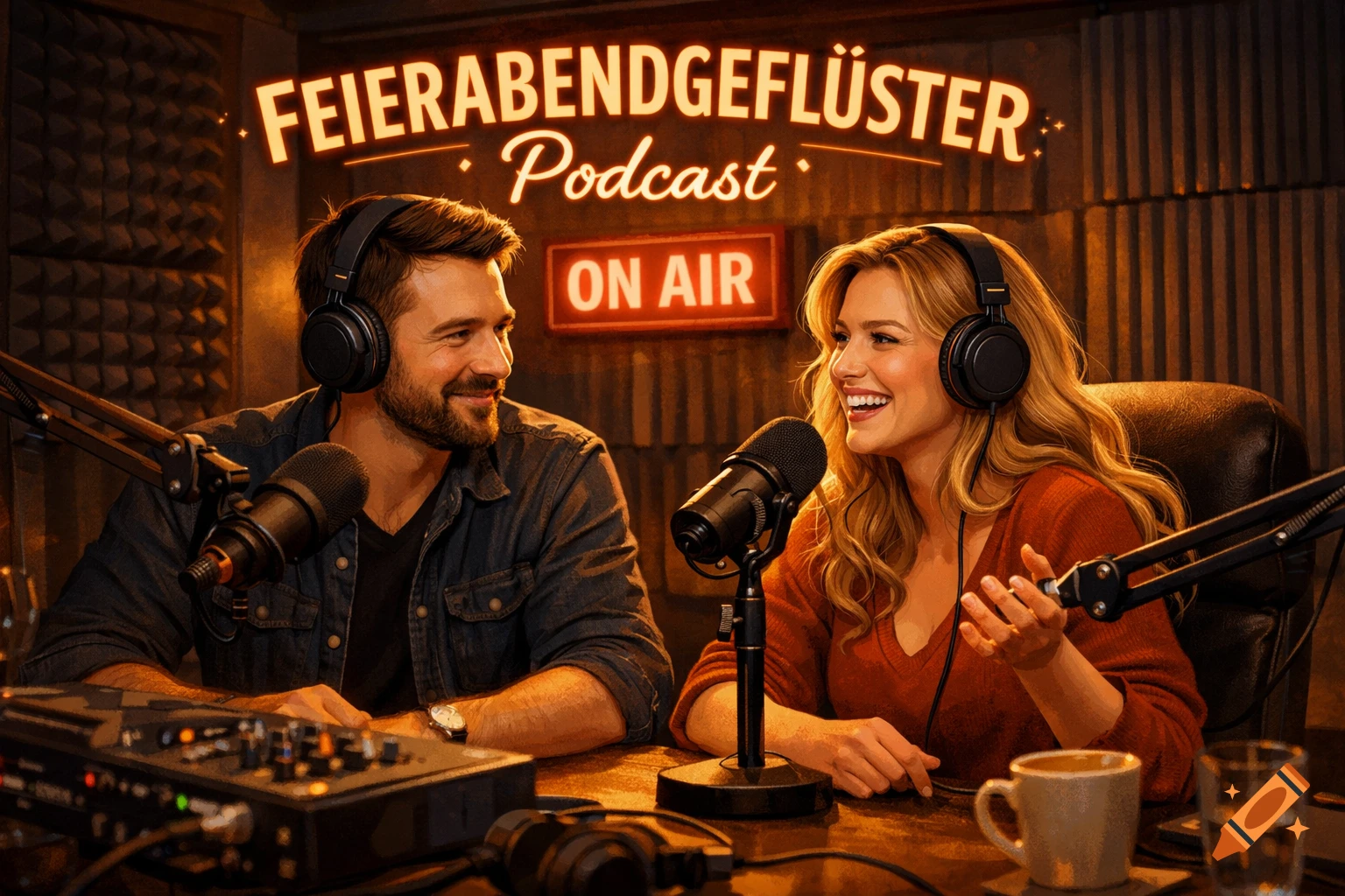 A man and a blonde woman with headphones and microphones host a podcast in a studio, with 'FEIERABENDGEFLÜSTER Podcast' and 'ON AIR' signs.