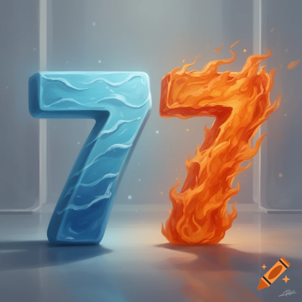 Two stylized number 7s, one blue and icy with ripples, the other orange and fiery with flames, standing side by side.