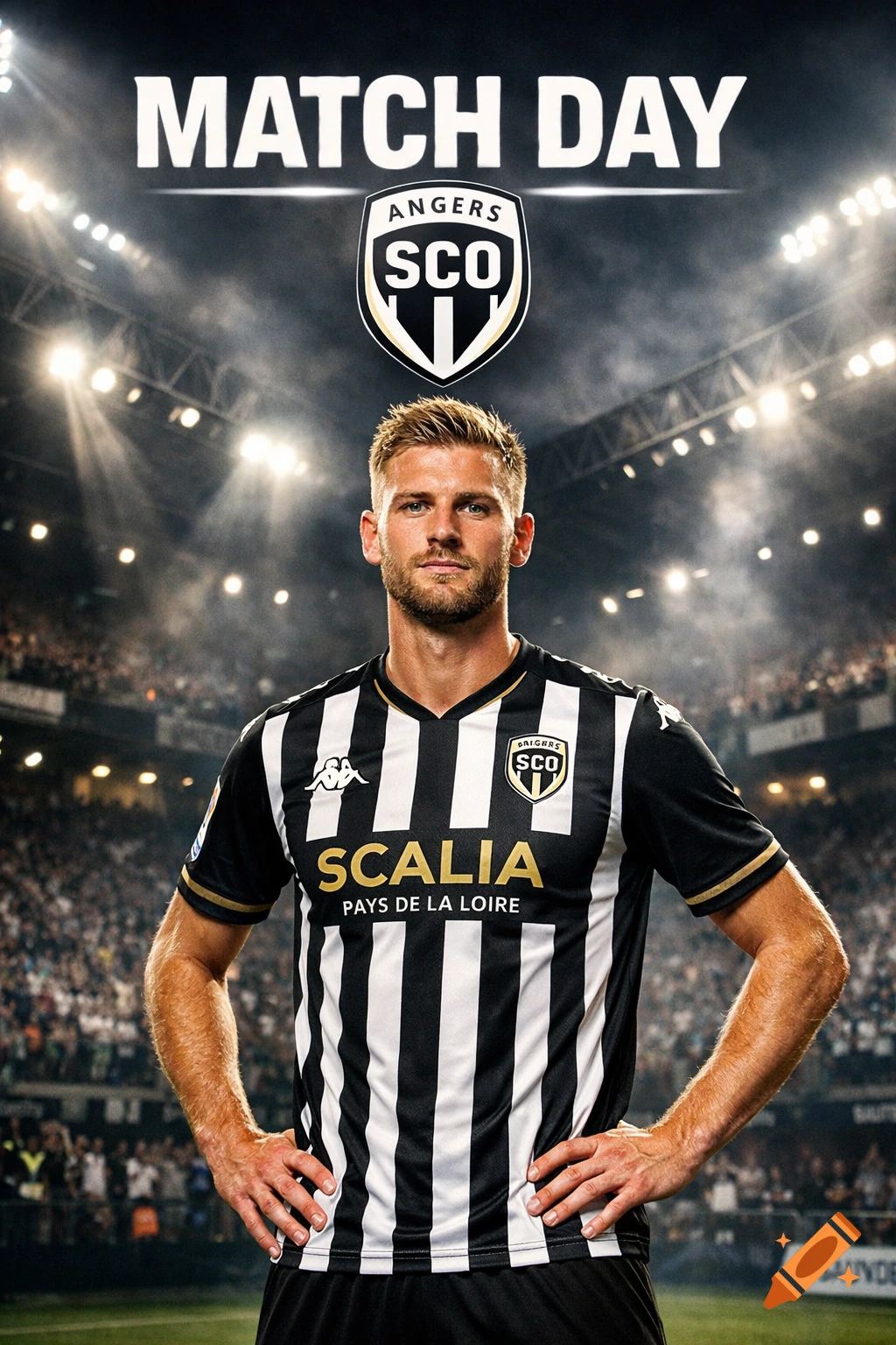 A male soccer player in a black and white striped jersey stands in a stadium under bright lights, with 'MATCH DAY' text above him.