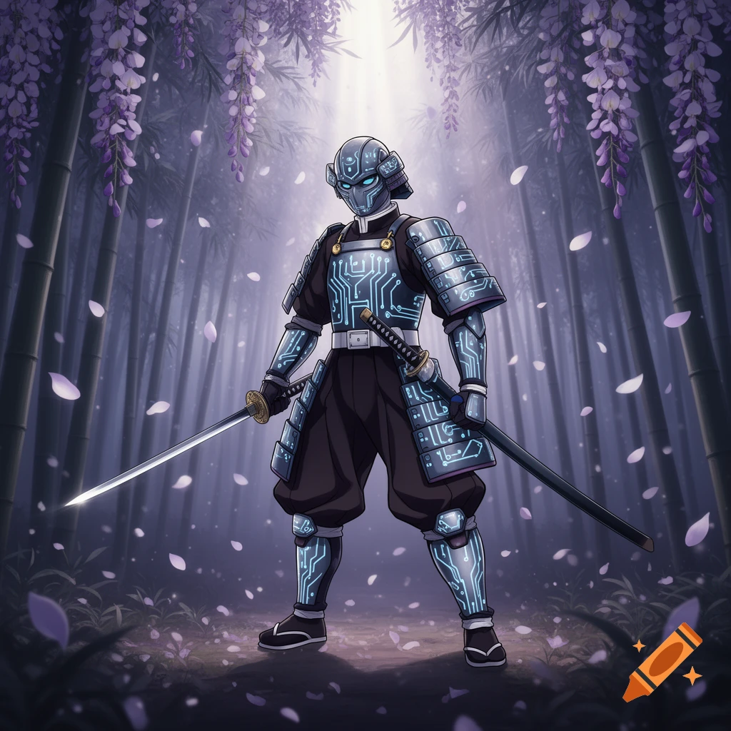 A samurai-like character with blue circuit board armor and two katanas stands in a mystical bamboo and wisteria forest.