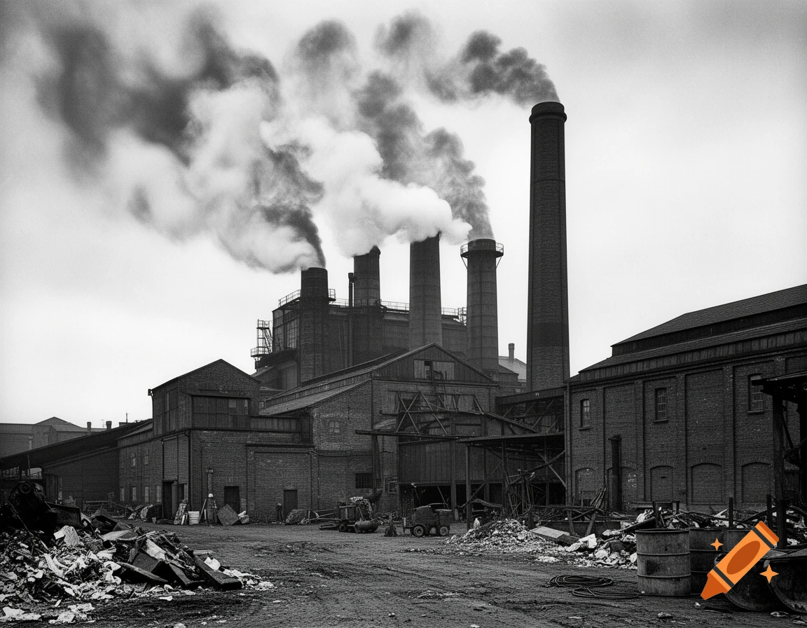 Black and white vintage photo of an industrial factory with multiple smoking chimneys and piles of debris.