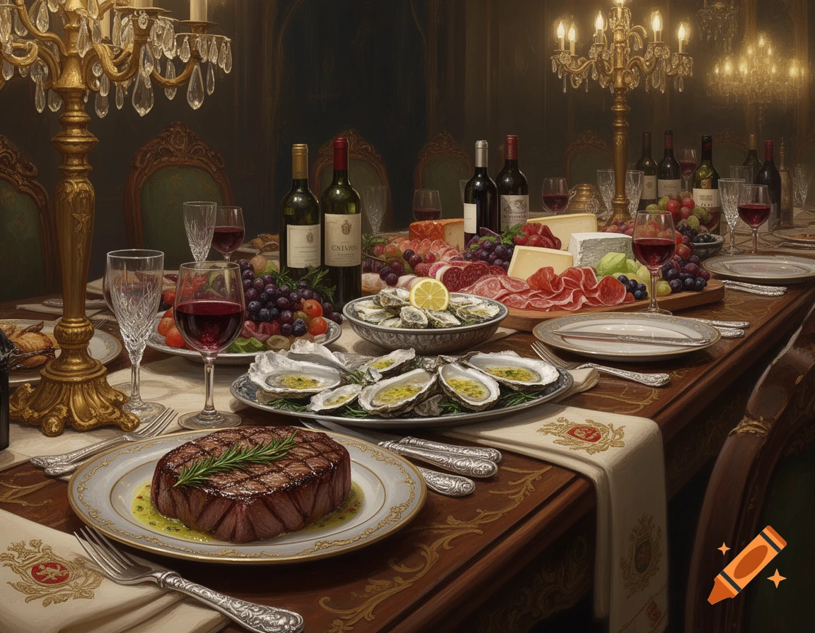 A lavish dining table is set with a grand feast featuring a large steak, oysters, charcuterie, cheese, grapes, and wine bottles, illuminated by ornate candelabras.